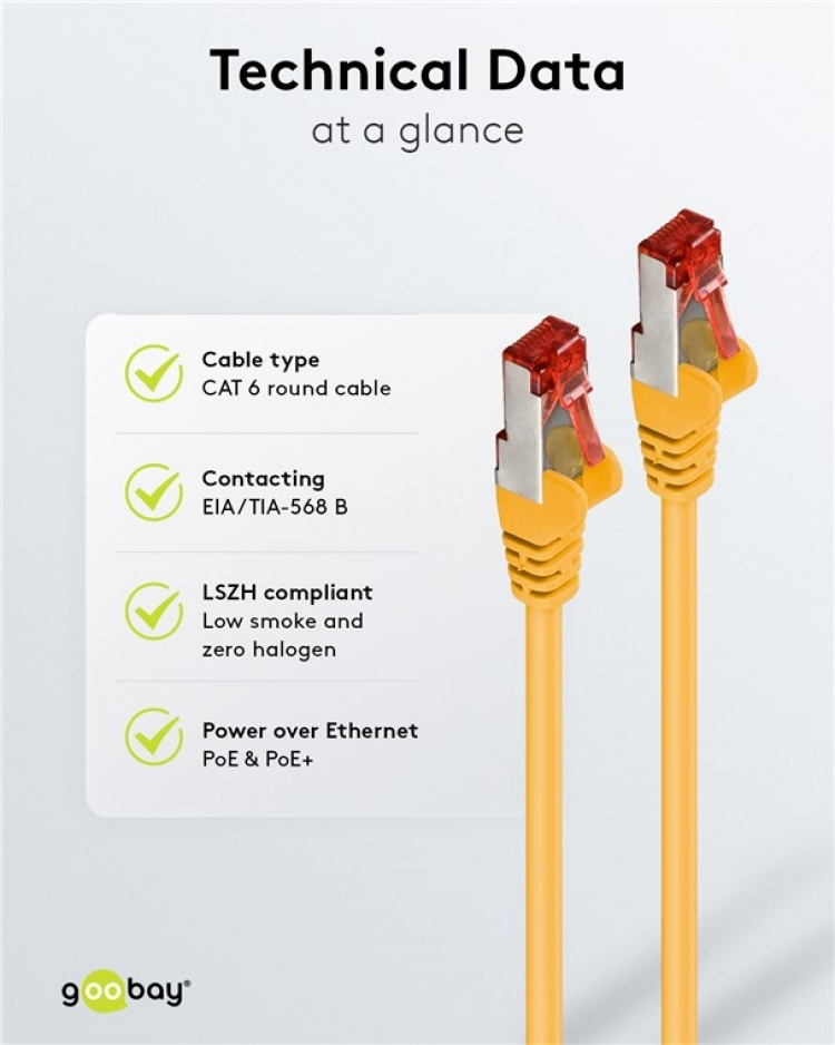 Goobay CAT 6 Patch Cable S/FTP (PiMF), yellow copper conductor (CU), halogen-free cable sheath (LSZH)