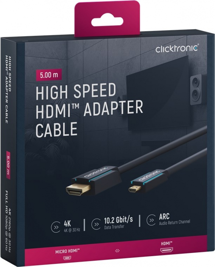 ClickTronic HDMI™ to Micro HDMI™ Adapter Cable Premium cable | 1x HDMI™ plug 1x Micro-HDMI™ plug | 5.0 m | UHD 4K @ 30 Hz ClickTronic HDMI™ to Micro HDMI™ Adapter Cable Premium cable | 1x HDMI™ plug 1x Micro-HDMI™ plug | 5.0 m | UHD 4K @ 30 Hz