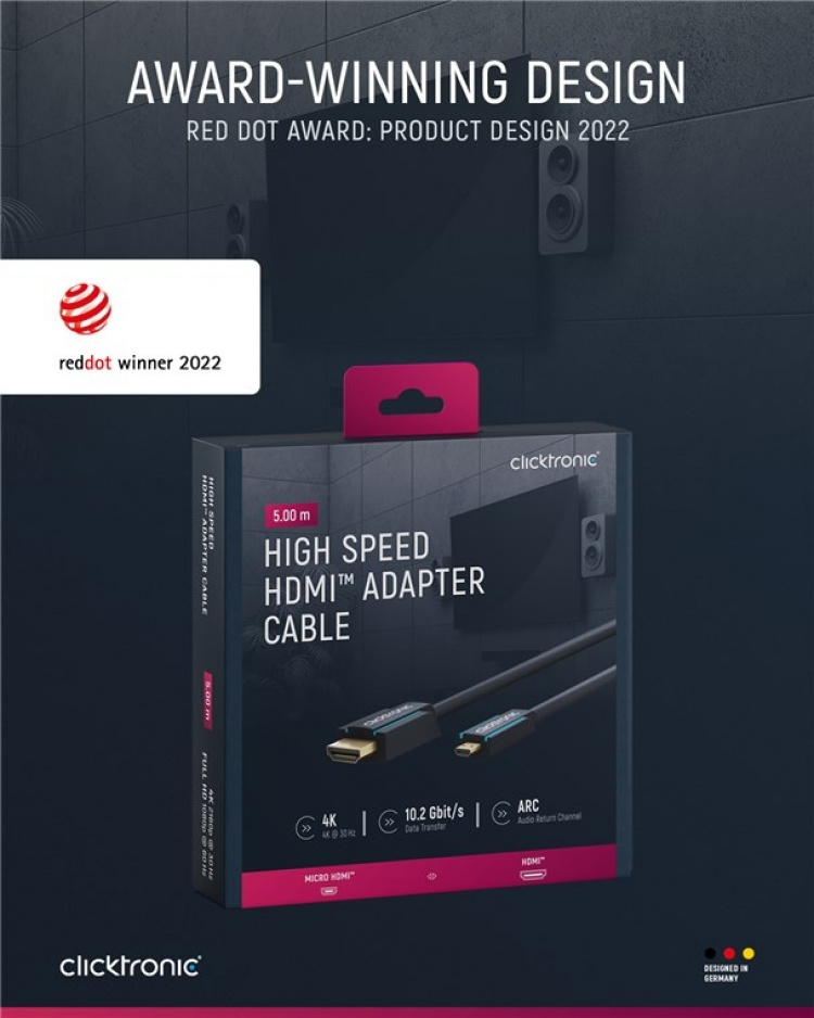 ClickTronic HDMI™ to Micro HDMI™ Adapter Cable Premium cable | 1x HDMI™ plug 1x Micro-HDMI™ plug | 5.0 m | UHD 4K @ 30 Hz ClickTronic HDMI™ to Micro HDMI™ Adapter Cable Premium cable | 1x HDMI™ plug 1x Micro-HDMI™ plug | 5.0 m | UHD 4K @ 30 Hz