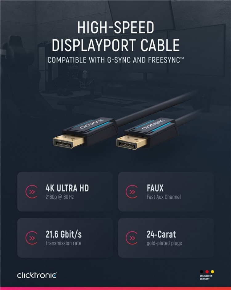 ClickTronic DisplayPort™ Cable Premium cable | 1x DisplayPort™ plug 1x DisplayPort™ plug | 1.0 m | UHD 4K @ 60 Hz