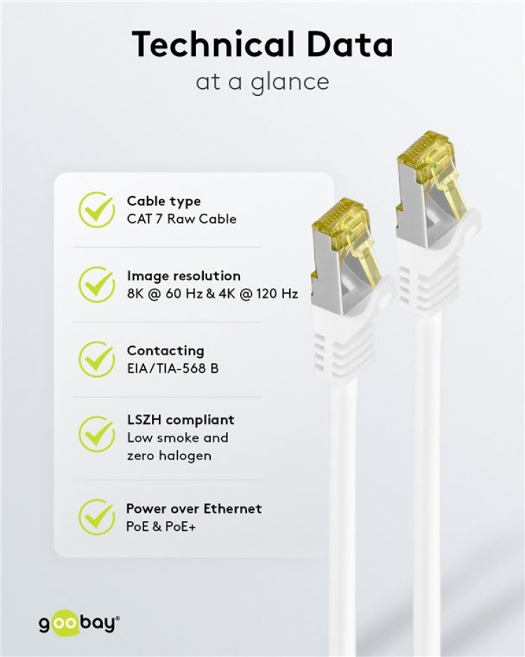 Goobay RJ45 Patch Cord CAT 6A S/FTP (PiMF), 500 MHz, with CAT 7 Raw Cable, white LSZH halogen-free cable sheat, RJ45 plug (CAT6A), CU