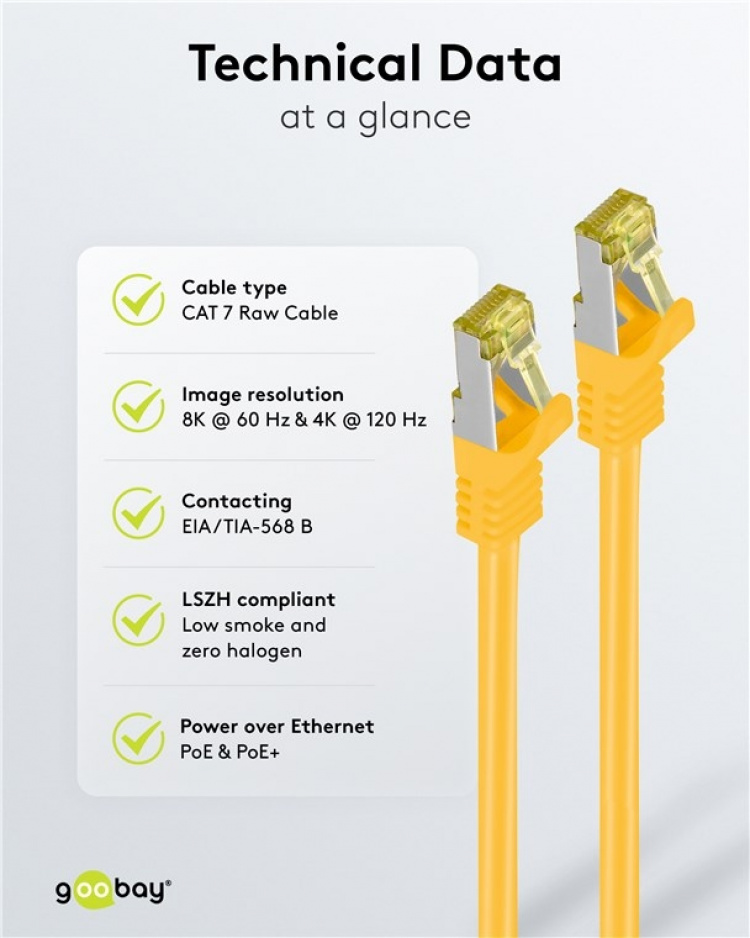 Goobay RJ45 Patch Cord CAT 6A S/FTP (PiMF), 500 MHz, with CAT 7 Raw Cable, yellow LSZH halogen-free cable sheat, RJ45 plug (CAT6A), CU Goobay RJ45 Patch Cord CAT 6A S/FTP (PiMF), 500 MHz, with CAT 7 Raw Cable, yellow LSZH halogen-free cable sheat, RJ45 plug (CAT6A), CU