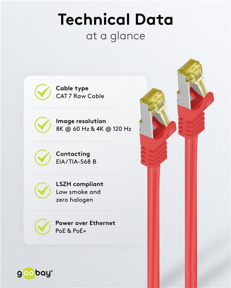Goobay RJ45 Patch Cord CAT 6A S/FTP (PiMF), 500 MHz, with CAT 7 Raw Cable, red LSZH halogen-free cable sheat, RJ45 plug (CAT6A), CU Goobay RJ45 Patch Cord CAT 6A S/FTP (PiMF), 500 MHz, with CAT 7 Raw Cable, red LSZH halogen-free cable sheat, RJ45 plug (CAT6A), CU