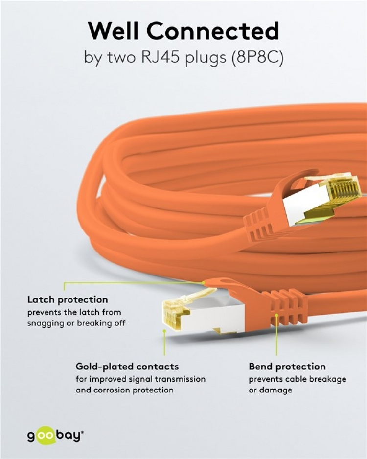 Goobay RJ45 Patch Cord CAT 6A S/FTP (PiMF), 500 MHz, with CAT 7 Raw Cable, orange LSZH halogen-free cable sheat, RJ45 plug (CAT6A), CU Goobay RJ45 Patch Cord CAT 6A S/FTP (PiMF), 500 MHz, with CAT 7 Raw Cable, orange LSZH halogen-free cable sheat, RJ45 plug (CAT6A), CU