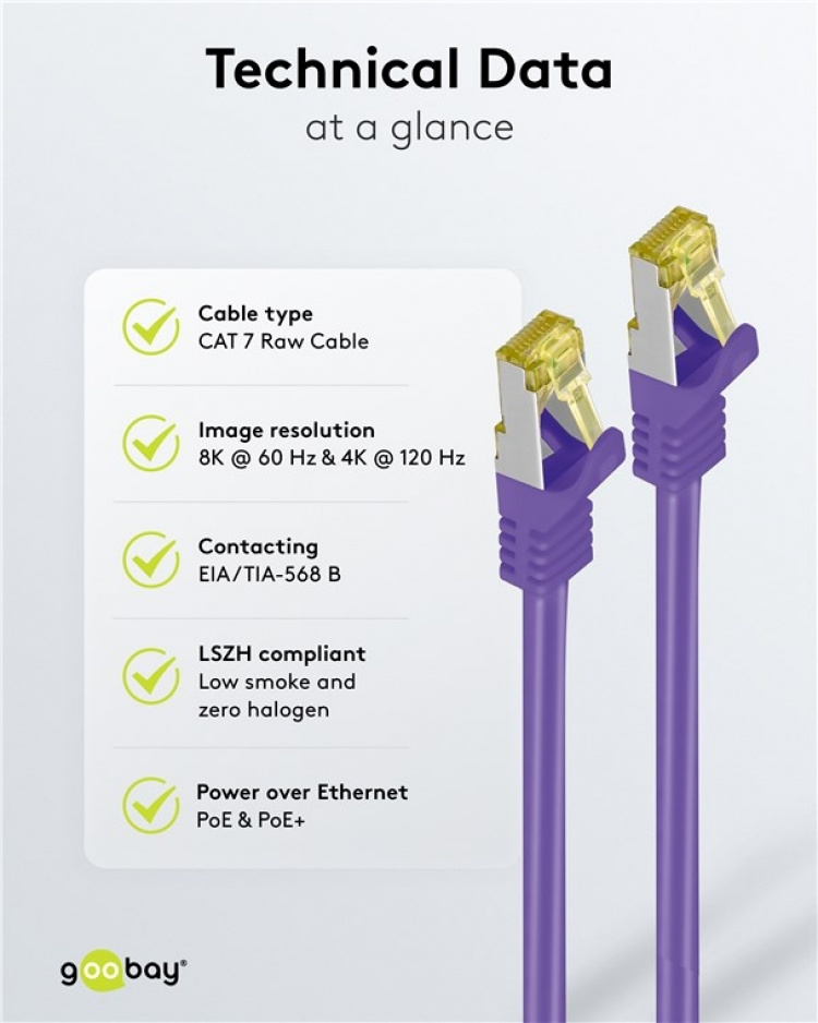 Goobay RJ45 Patch Cord CAT 6A S/FTP (PiMF), 500 MHz, with CAT 7 Raw Cable, violet LSZH halogen-free cable sheat, RJ45 plug (CAT6A), CU Goobay RJ45 Patch Cord CAT 6A S/FTP (PiMF), 500 MHz, with CAT 7 Raw Cable, violet LSZH halogen-free cable sheat, RJ45 plug (CAT6A), CU