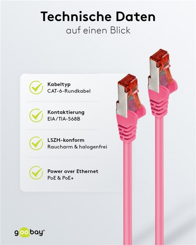 Goobay CAT 6 Patch Cable S/FTP (PiMF), magenta copper conductor (CU), halogen-free cable sheath (LSZH)