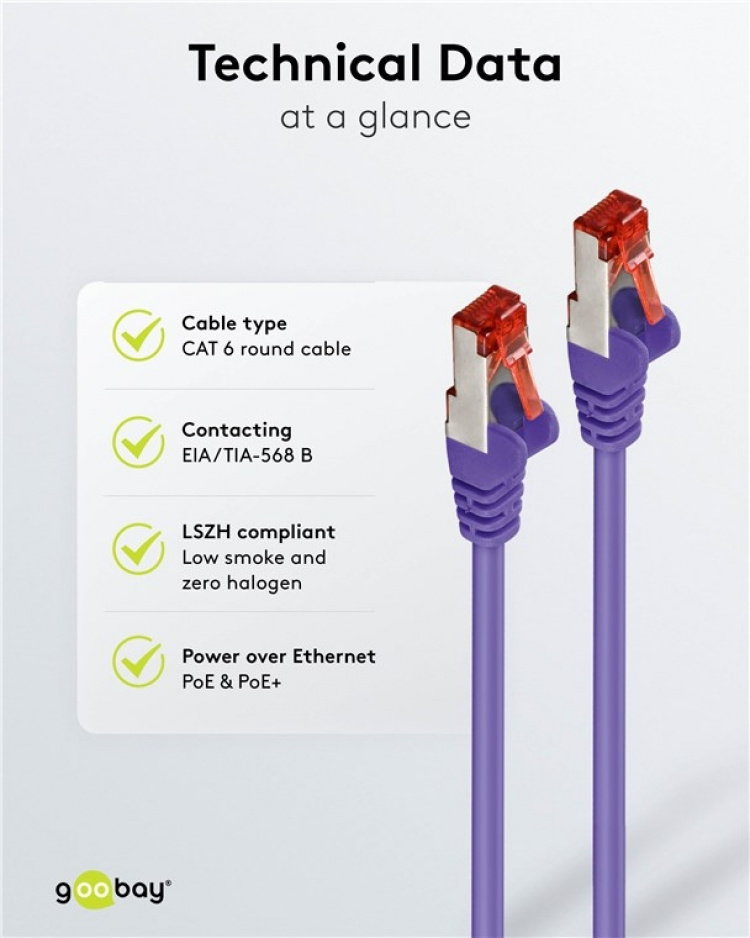 Goobay CAT 6 Patch Cable S/FTP (PiMF), violet copper conductor (CU), halogen-free cable sheath (LSZH)