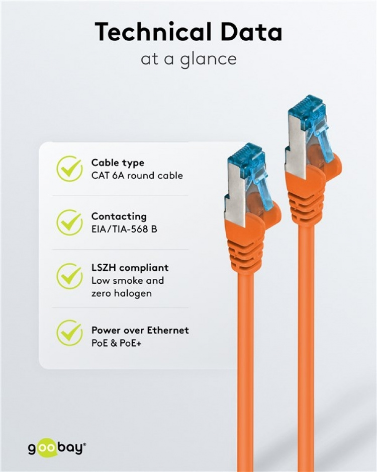 Goobay CAT 6A Patch Cable, S/FTP (PiMF), orange copper conductor (CU), halogen-free cable sheath (LSZH) Goobay CAT 6A Patch Cable, S/FTP (PiMF), orange copper conductor (CU), halogen-free cable sheath (LSZH)