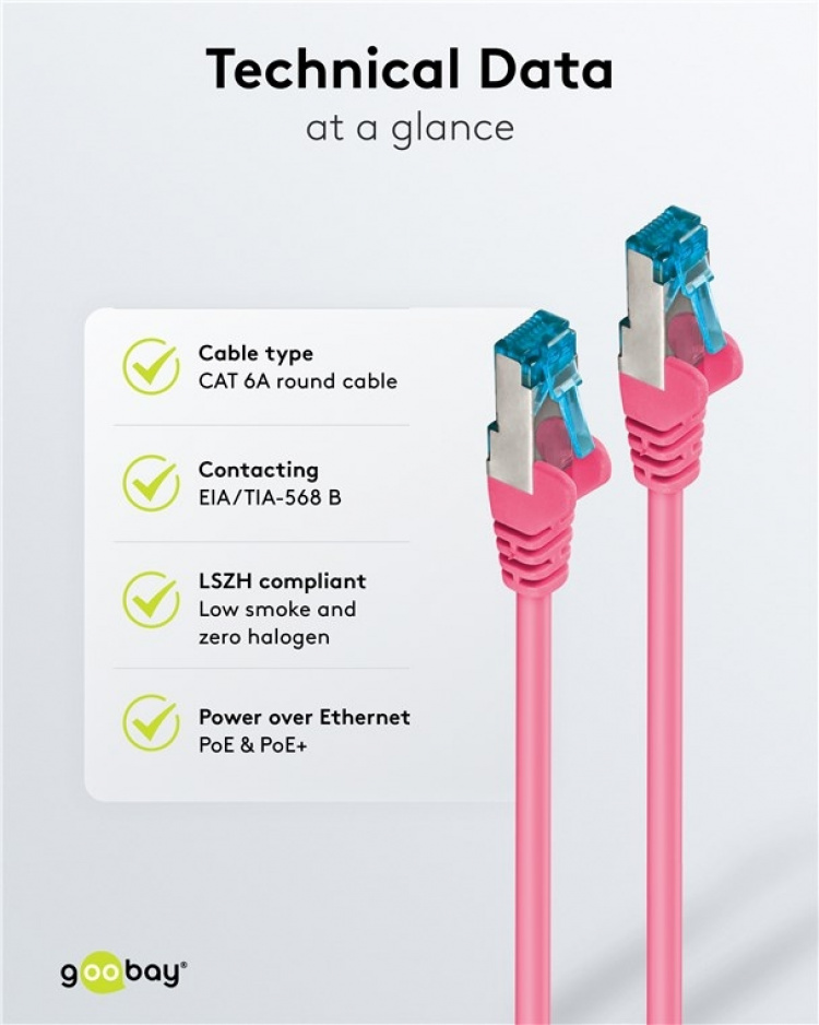 Goobay CAT 6A Patch Cable, S/FTP (PiMF), magenta copper conductor (CU), halogen-free cable sheath (LSZH) Goobay CAT 6A Patch Cable, S/FTP (PiMF), magenta copper conductor (CU), halogen-free cable sheath (LSZH)
