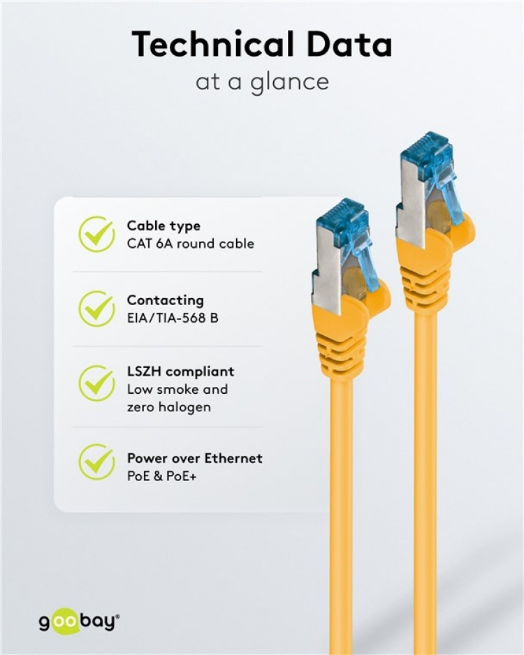 Goobay CAT 6A Patch Cable, S/FTP (PiMF), yellow copper conductor (CU), halogen-free cable sheath (LSZH) Goobay CAT 6A Patch Cable, S/FTP (PiMF), yellow copper conductor (CU), halogen-free cable sheath (LSZH)