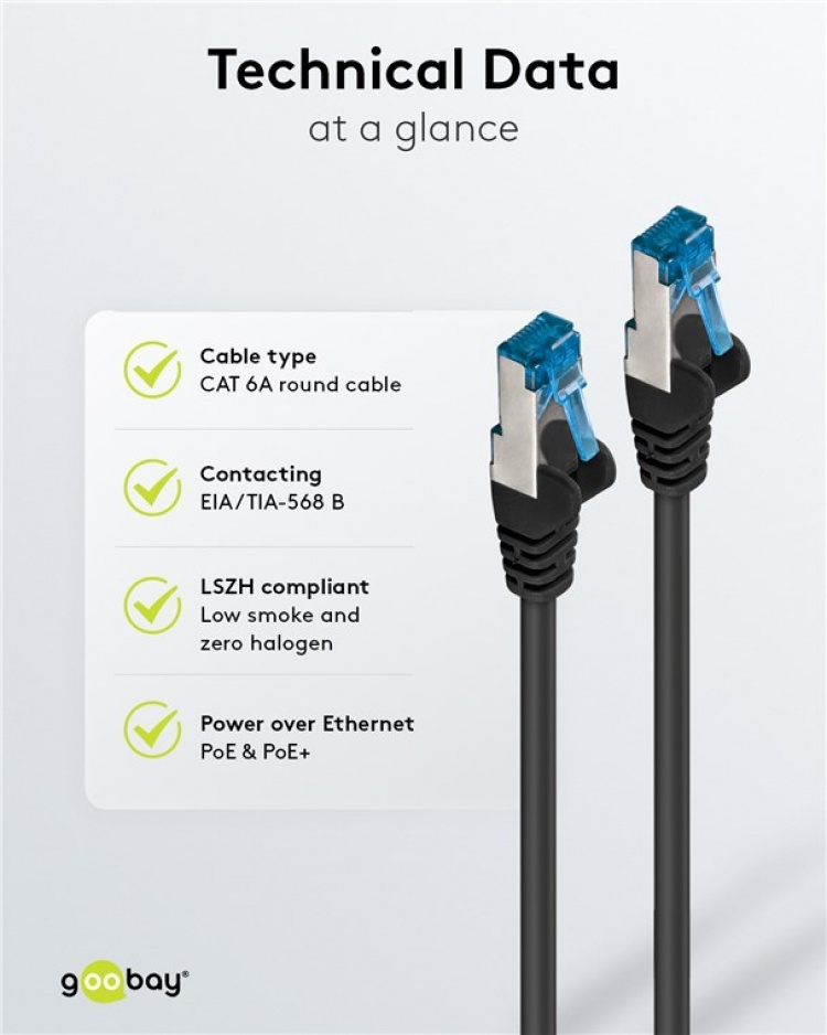 Goobay CAT 6A Patch Cable, S/FTP (PiMF), black copper conductor (CU), halogen-free cable sheath (LSZH)