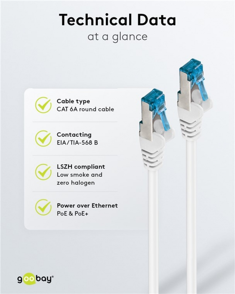 Goobay CAT 6A Patch Cable, S/FTP (PiMF), white copper conductor (CU), halogen-free cable sheath (LSZH)