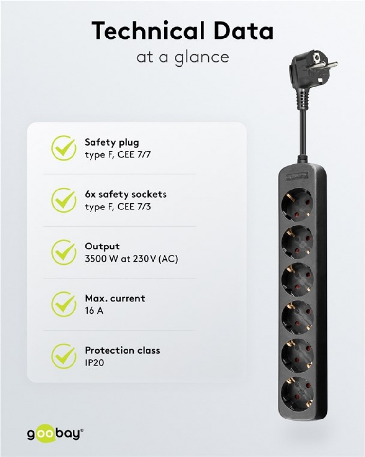 Goobay 6-Way Power Strip, 1.5 m, black 6x safety socket CEE 7/5