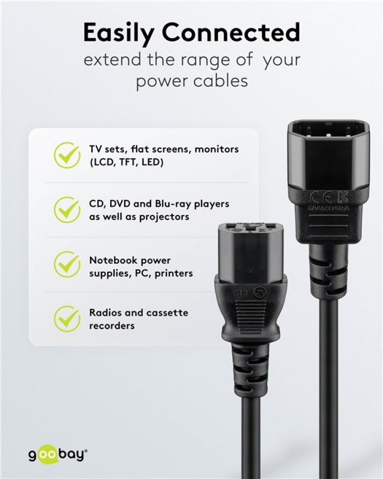 Goobay Extension Lead with C13 socket and C14 plug, 3.5 m, Black C14 appliance plug > C13 appliance socket