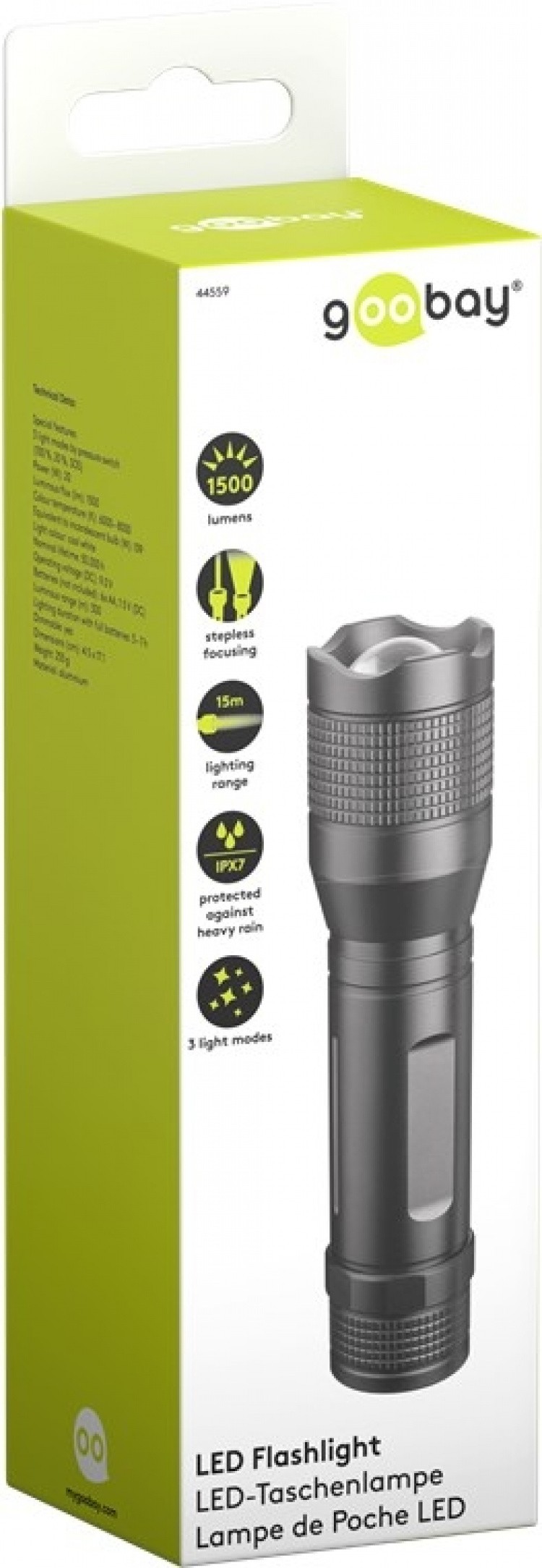 Goobay LED Flashlight Super Bright 1500 Ideal for work, leisure, sports, camping, fishing, hunting and roadside assistance