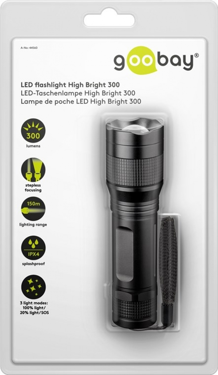 Goobay LED Flashlight High Bright 300 Ideal for leisure, sports, camping, fishing, hunting and roadside assistance