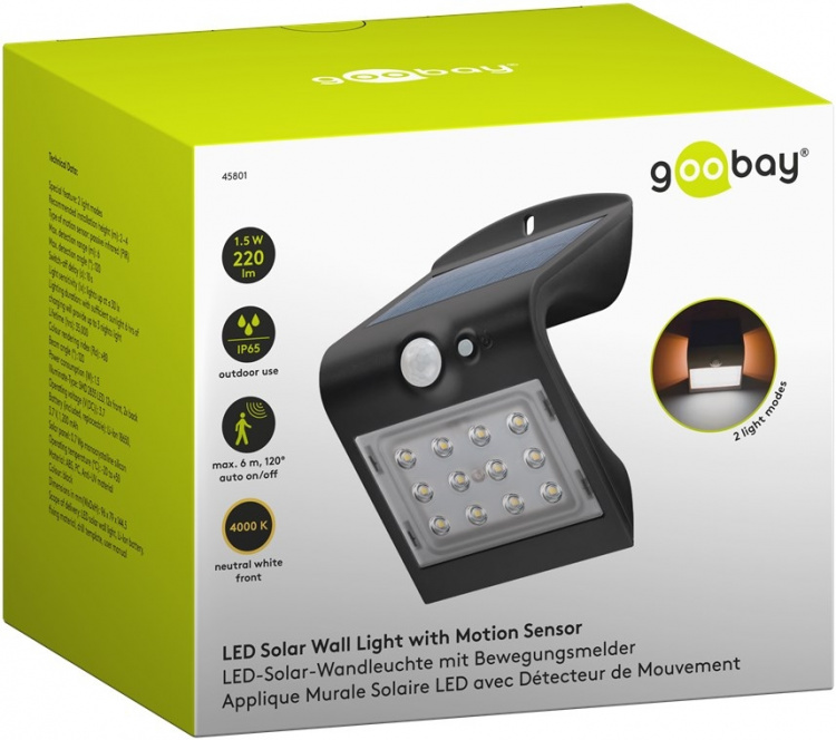 Goobay LED Solar Wall Light with Motion Sensor, 1.5 W, Black solar garden light is a neutral white lighting solution for entrances, carports and staircases Goobay LED Solar Wall Light with Motion Sensor, 1.5 W, Black solar garden light is a neutral white lighting solution for entrances, carports and staircases