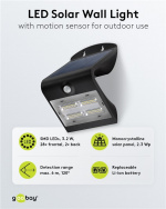 Goobay LED Solar Wall Light with Motion Sensor, 3.2 W, Black solar garden light is a neutral white lighting solution for entrances, carports and staircases Goobay LED Solar Wall Light with Motion Sensor, 3.2 W, Black solar garden light is a neutral white lighting solution for entrances, carports and staircases