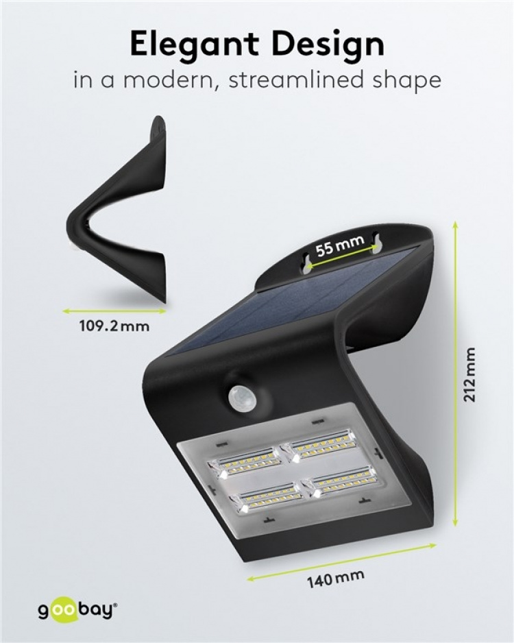 Goobay LED Solar Wall Light with Motion Sensor, 3.2 W, Black solar garden light is a neutral white lighting solution for entrances, carports and staircases Goobay LED Solar Wall Light with Motion Sensor, 3.2 W, Black solar garden light is a neutral white lighting solution for entrances, carports and staircases