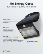 Goobay LED Solar Wall Light with Motion Sensor, 3.2 W, Black solar garden light is a neutral white lighting solution for entrances, carports and staircases Goobay LED Solar Wall Light with Motion Sensor, 3.2 W, Black solar garden light is a neutral white lighting solution for entrances, carports and staircases