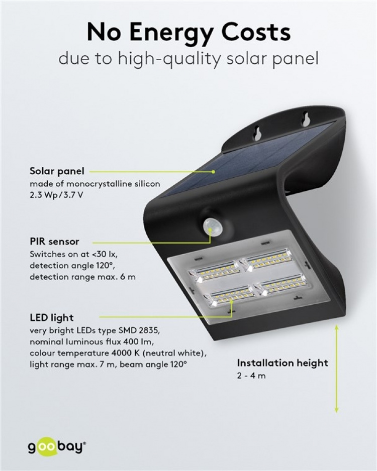 Goobay LED Solar Wall Light with Motion Sensor, 3.2 W, Black solar garden light is a neutral white lighting solution for entrances, carports and staircases Goobay LED Solar Wall Light with Motion Sensor, 3.2 W, Black solar garden light is a neutral white lighting solution for entrances, carports and staircases