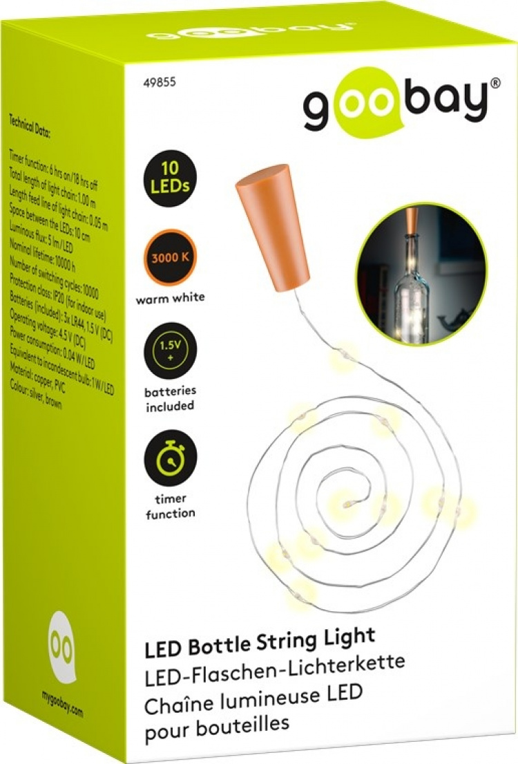 Goobay Bottle String Light with 10 LEDs, incl. Timer atmospheric lighting decoration for glass bottles