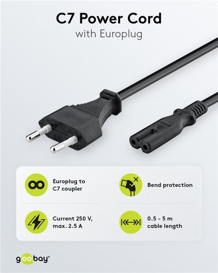 Goobay Connection Cable Euro Plug, 1.8 m, Black Euro plug (type C, CEE 7/16) > appliance socket C7 Goobay Connection Cable Euro Plug, 1.8 m, Black Euro plug (type C, CEE 7/16) > appliance socket C7
