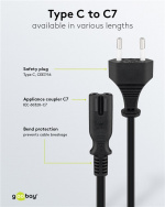 Goobay Connection Cable Euro Plug, 1.8 m, Black Euro plug (type C, CEE 7/16) > appliance socket C7 Goobay Connection Cable Euro Plug, 1.8 m, Black Euro plug (type C, CEE 7/16) > appliance socket C7