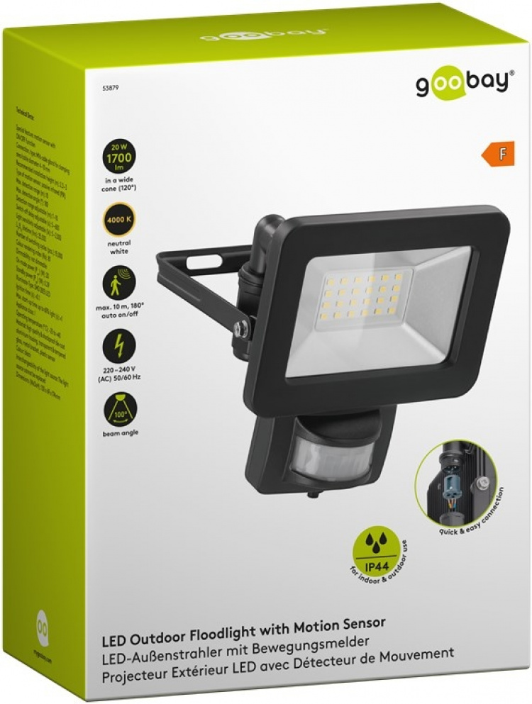 Goobay LED Outdoor Floodlight, 20 W, with Motion Sensor with 1700 lm, neutral white light (4000 K), PIR sensor with ON/OFF function and M16 cable gland, suitable for outdoor use (IP44) Goobay LED Outdoor Floodlight, 20 W, with Motion Sensor with 1700 lm, neutral white light (4000 K), PIR sensor with ON/OFF function and M16 cable gland, suitable for outdoor use (IP44)
