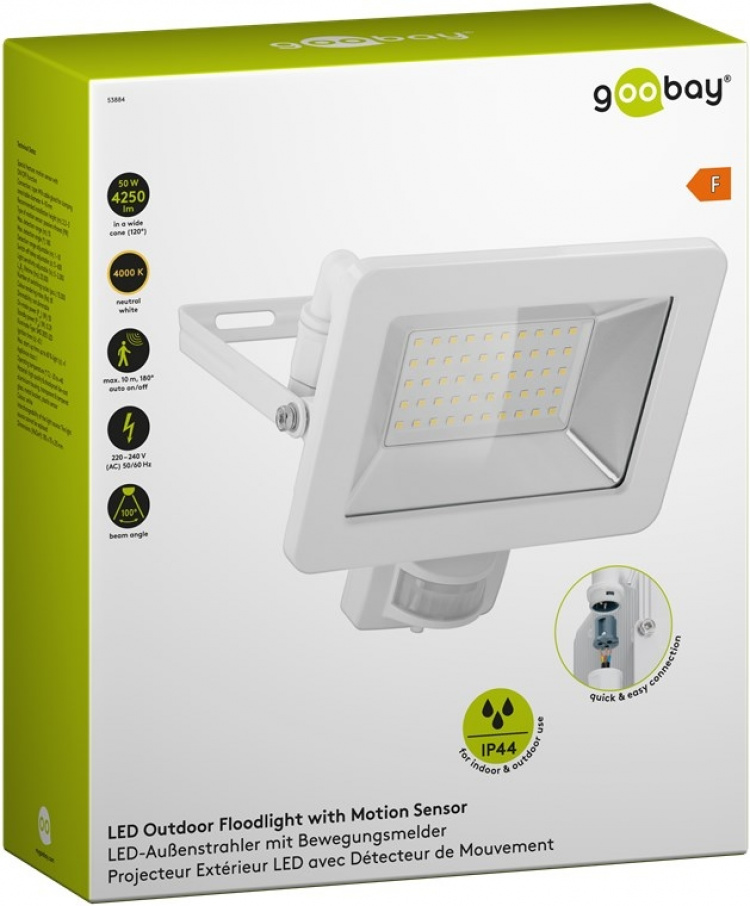 Goobay LED Outdoor Floodlight, 50 W, with Motion Sensor with 4250 lm, neutral white light (4000 K), PIR sensor with ON/OFF function and M16 cable gland, suitable for outdoor use (IP44) Goobay LED Outdoor Floodlight, 50 W, with Motion Sensor with 4250 lm, neutral white light (4000 K), PIR sensor with ON/OFF function and M16 cable gland, suitable for outdoor use (IP44)