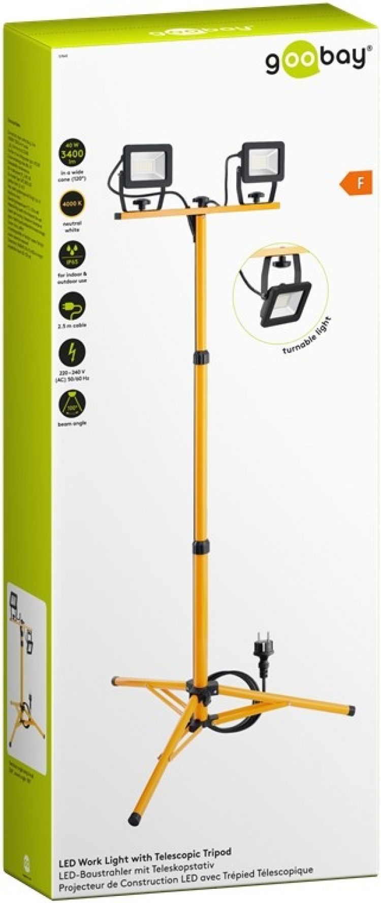 Goobay LED Work Light with Telescopic Tripod, 2x 20 W with a total of 3400 lm and neutral white light (4000 K), suitable for indoor and outdoor use (IP65) Goobay LED Work Light with Telescopic Tripod, 2x 20 W with a total of 3400 lm and neutral white light (4000 K), suitable for indoor and outdoor use (IP65)