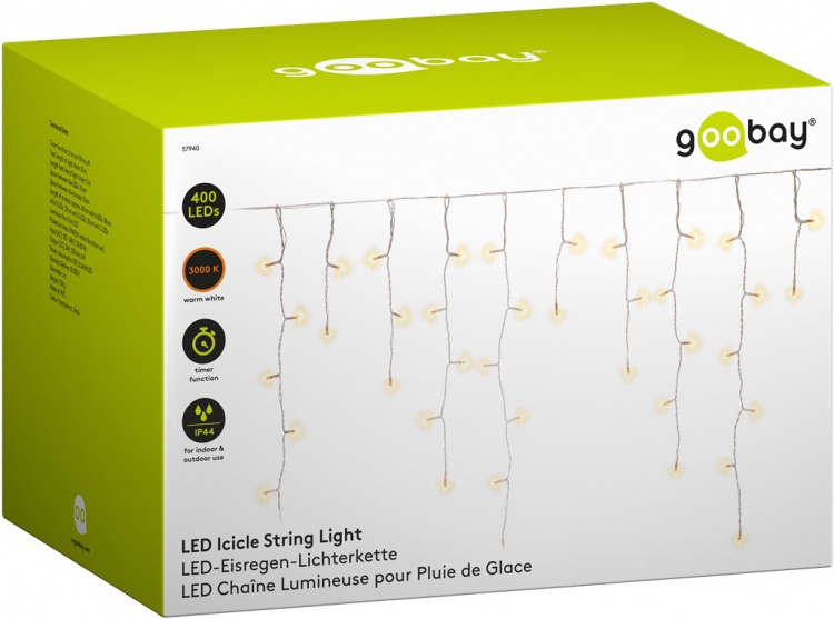 Goobay Icicle String Light with 400 LEDs with timer function and 24 V external transformer, warm white (3000 K), for indoor and outdoor use (IP44)