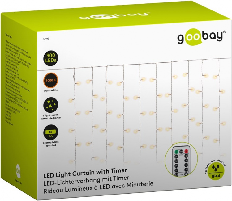 Goobay Light Curtain with 300 LEDs with remote control, timer function, 8 light modes, dimmer, USB and battery operation, warm white (3000 K)