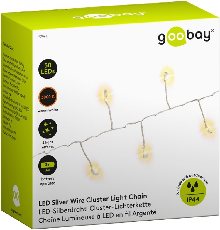 Goobay Silver Wire Cluster String Light with 50 LEDs with 2 light modes, warm white (3000 K), battery-operated, for indoor and outdoor use (IP44) Goobay Silver Wire Cluster String Light with 50 LEDs with 2 light modes, warm white (3000 K), battery-operated, for indoor and outdoor use (IP44)