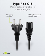 Goobay IEC Cord, 1.8 m, Black safety plug (type F, CEE 7/7) > C13 appliance socket Goobay IEC Cord, 1.8 m, Black safety plug (type F, CEE 7/7) > C13 appliance socket