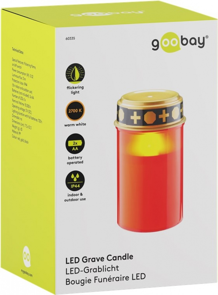 Goobay LED Grave Candle, red with realistic flickering effect, warm white (3000 K), battery-operated (2x AA), for indoor and outdoor use (IP44)