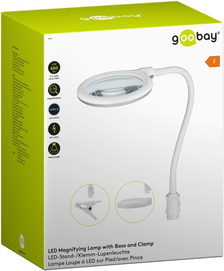 Goobay LED Magnifying Lamp with Base and Clamp, 6 W, white 480 lm, 100 mm glass lens, 1.75x magnification, 3 dioptres