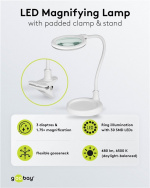 Goobay LED Magnifying Lamp with Base and Clamp, 6 W, white 480 lm, 100 mm glass lens, 1.75x magnification, 3 dioptres