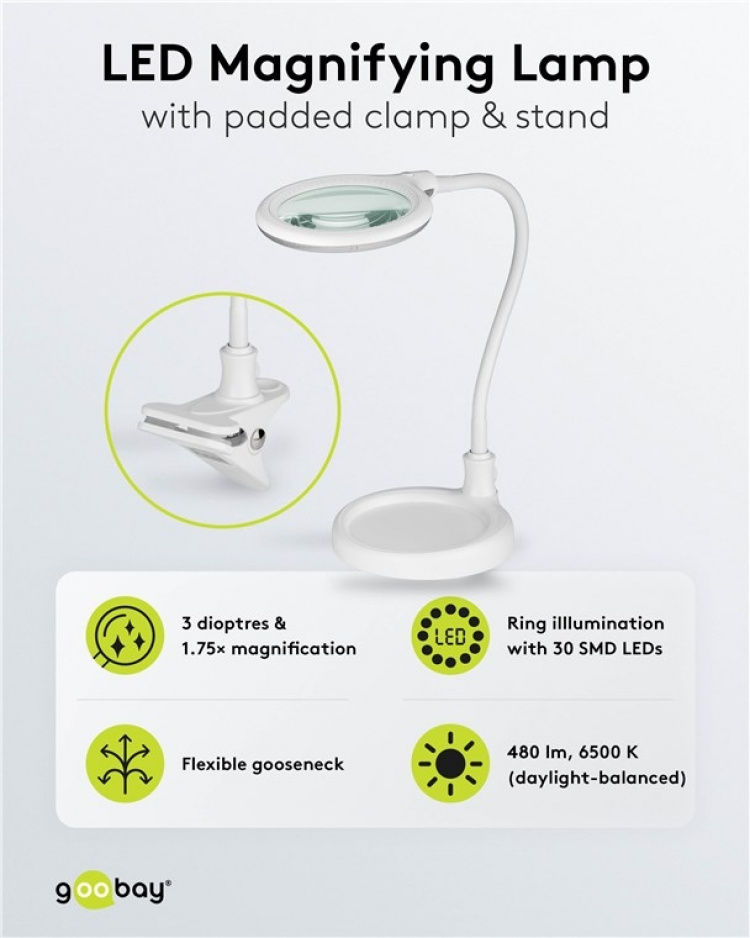 Goobay LED Magnifying Lamp with Base and Clamp, 6 W, white 480 lm, 100 mm glass lens, 1.75x magnification, 3 dioptres