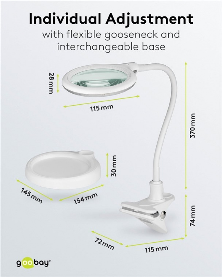 Goobay LED Magnifying Lamp with Base and Clamp, 6 W, white 480 lm, 100 mm glass lens, 1.75x magnification, 3 dioptres
