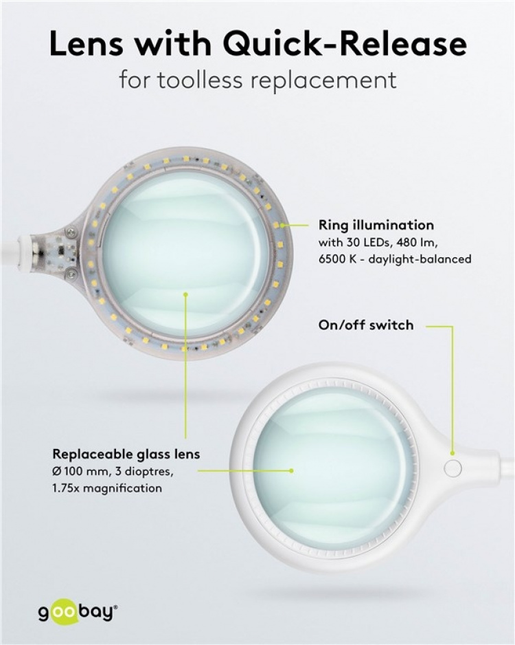 Goobay LED Magnifying Lamp with Base and Clamp, 6 W, white 480 lm, 100 mm glass lens, 1.75x magnification, 3 dioptres