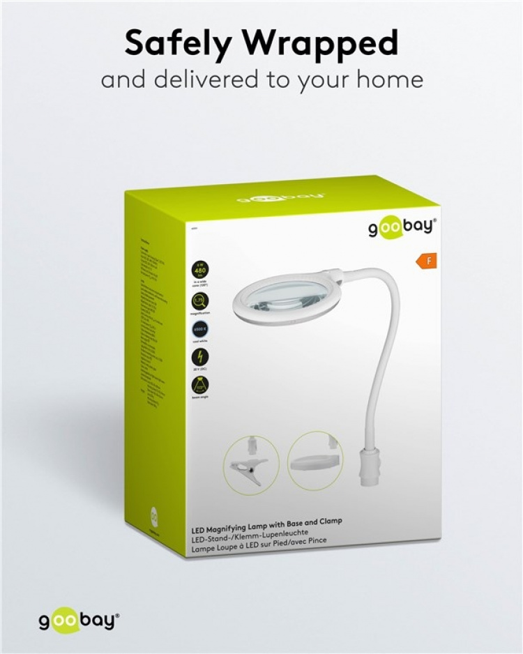 Goobay LED Magnifying Lamp with Base and Clamp, 6 W, white 480 lm, 100 mm glass lens, 1.75x magnification, 3 dioptres