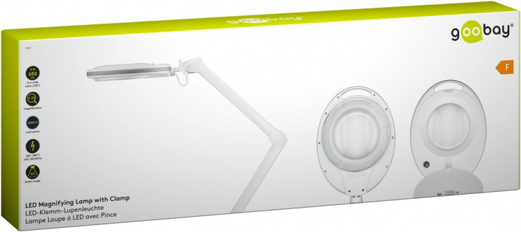 Goobay LED Magnifying Lamp with Clamp, 8 W, white 650 lm, 127 mm crystal glass lens, 1.75x magnification, 3 dioptres