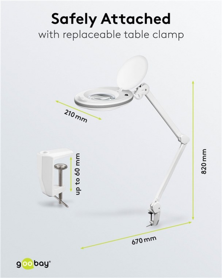 Goobay LED Magnifying Lamp with Clamp, 8 W, white 650 lm, 127 mm crystal glass lens, 1.75x magnification, 3 dioptres