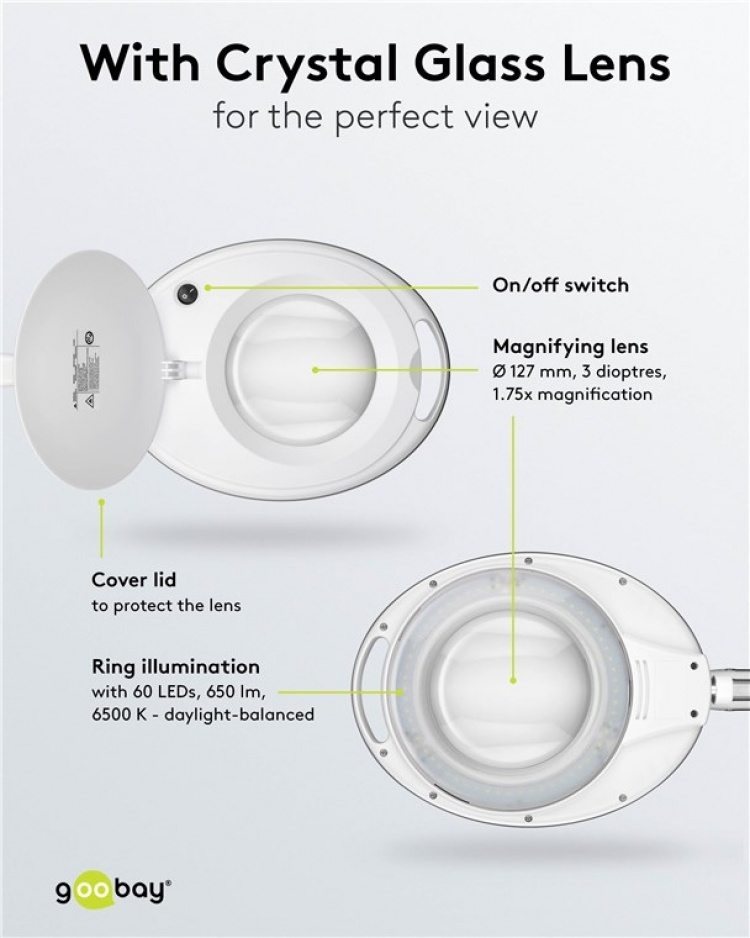 Goobay LED Magnifying Lamp with Clamp, 8 W, white 650 lm, 127 mm crystal glass lens, 1.75x magnification, 3 dioptres