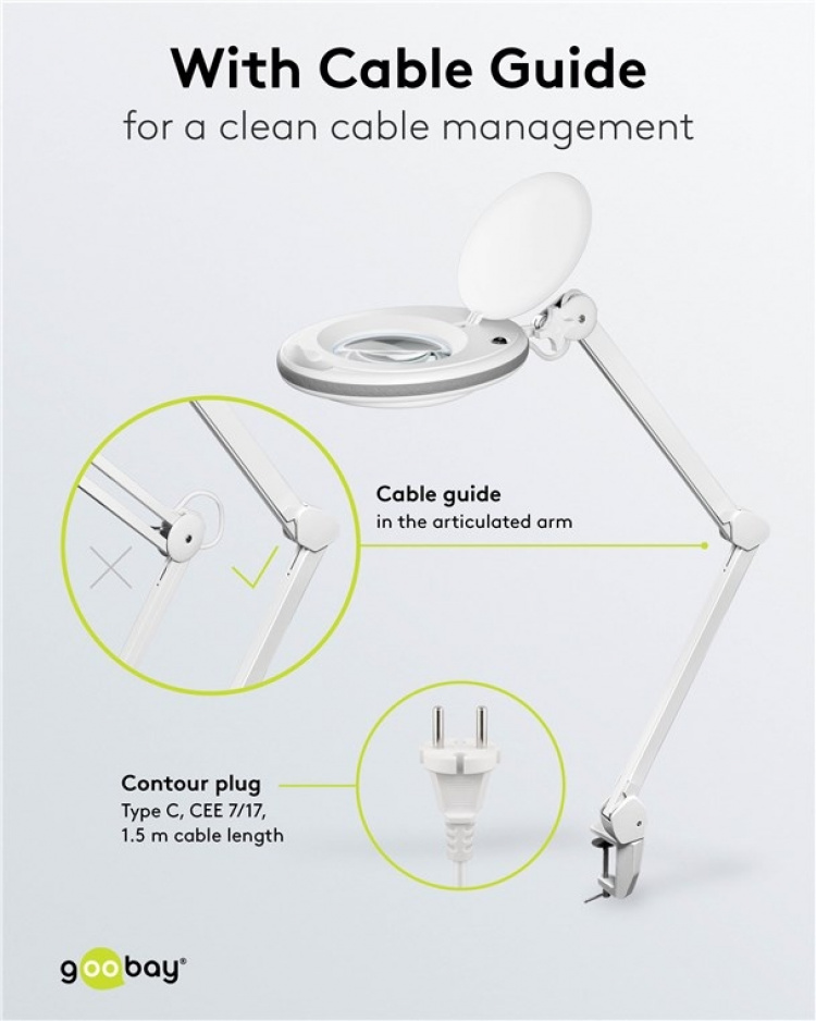 Goobay LED Magnifying Lamp with Clamp, 8 W, white 650 lm, 127 mm crystal glass lens, 1.75x magnification, 3 dioptres