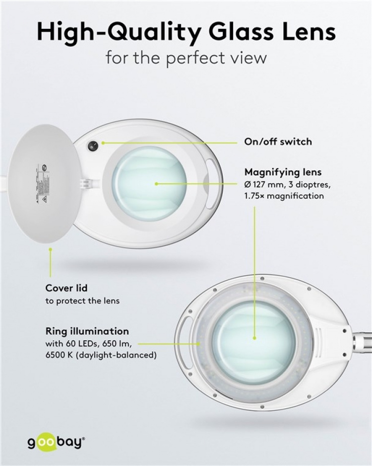 Goobay LED Magnifying Lamp with Clamp, 8 W, white 650 lm, 127 mm glass lens, 1.75x magnification, 3 dioptres Goobay LED Magnifying Lamp with Clamp, 8 W, white 650 lm, 127 mm glass lens, 1.75x magnification, 3 dioptres