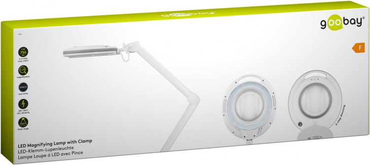 Goobay LED Magnifying Lamp with Clamp, 9 W, white 80-730 lm, dimmable, 127 mm crystal glass lens, 1.75x magnification, 3 dioptres