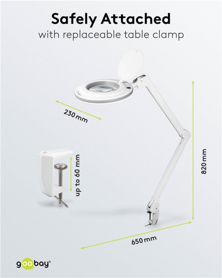 Goobay LED Magnifying Lamp with Clamp, 9 W, white 80-730 lm, dimmable, 127 mm crystal glass lens, 1.75x magnification, 3 dioptres