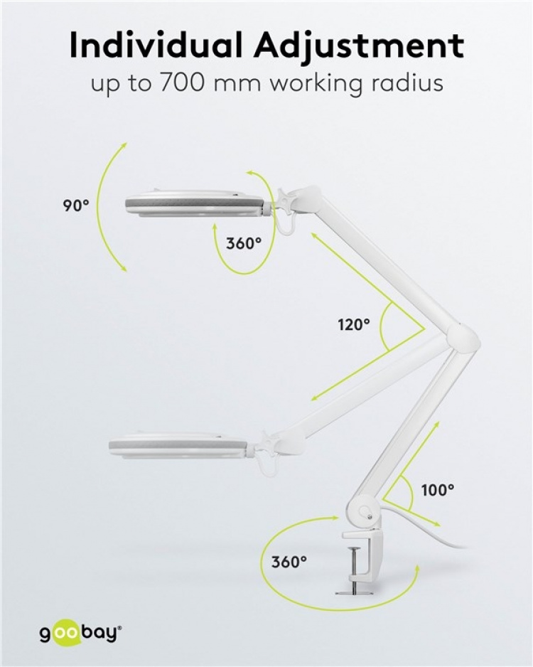 Goobay LED Magnifying Lamp with Clamp, 9 W, white 80-730 lm, dimmable, 127 mm crystal glass lens, 1.75x magnification, 3 dioptres